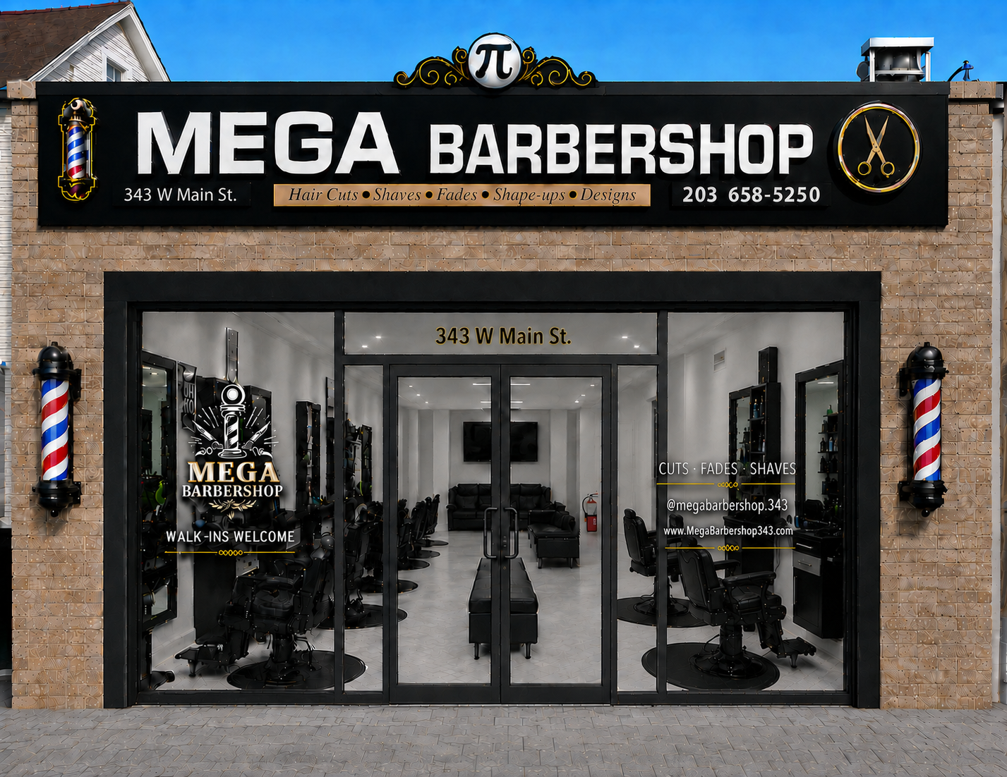 Mega Barbershop storefront with a centered glass entrance, barber poles, window graphics, and the real interior layout